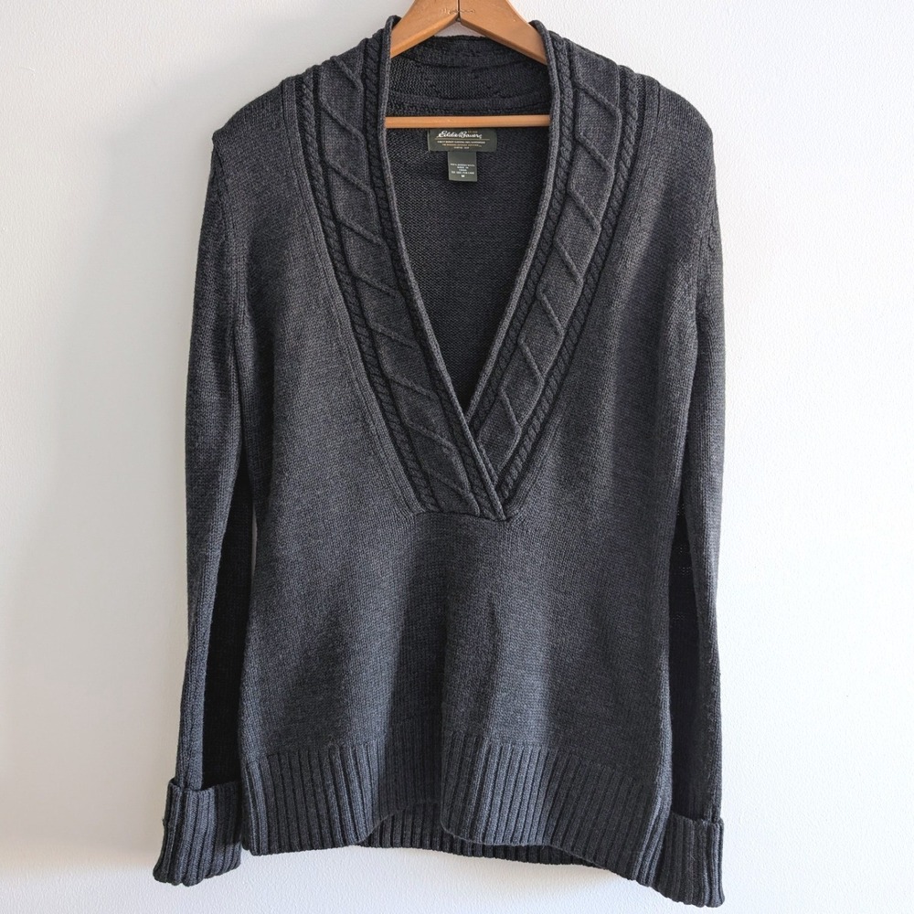 Eddie Bauer Womens Charcoal Gray 100% Merino Wool Cable Trim V-Neck Sweater M